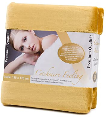Gözze - Premium Cashmere-Feeling Wohn- und Kuscheldecke, 500 g/m², 130 x 170 cm - Senf