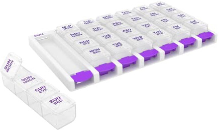 EZY DOSE Weekly (7 Day) 4 Times a Day Push Button Pill Organizer and Vitamin Planner, Removable Daily Pillboxes, Purple, Clear Lids, Small