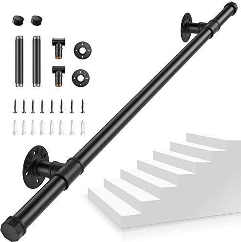 Corrimano per Scale, Aomdom Ringhiera per Scale Passamano per Scale Interne, Corrimano Scale Nero con Tubo in Acciaio Zincato Industriale Antiscivolo Antiruggine per Cucina Bagno Giardino, 1M