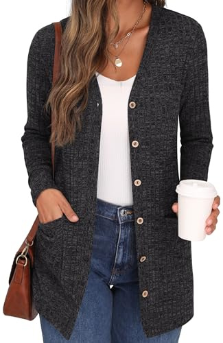 GRECERELLE Womens Cardigan Long Sleeve Open Front Cardigans Button Down V Neck Ribbed Knit Lightweight Outerwear with Pocket