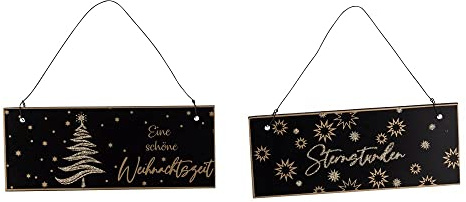 Holz-Schild Wandschild Türschild STERNSTUNDEN & SCHÖNE Weihnachtszeit in schwarz & Gold Glitzer mit Tannen-Baum & Sternen Weihnachts-Schmuck Figur Advent Dekoration Weihnachts-Deko Hänge-Deko 2 Stück