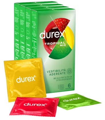 Durex Tropical Preservativi Aromatizzati alla Frutta, Gusto: Banana, Mela, Fragola e Arancia, Lubrificati a Base Siliconica - 24 Profilattici
