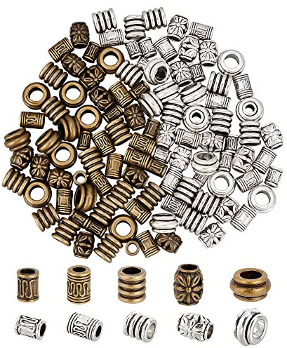NBEADS 120 Stück 10 Stile Legierung Haarperlen, 2 Farben Tibetischer Stil Europäische Perlen Großes Loch Bronze Bartperlen Antike Silber Spacer Dreadlock Perlen für Schmuck Herstellung, Loch: 4~7mm