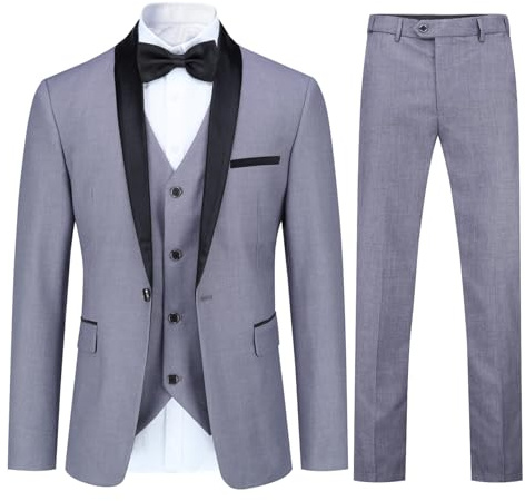 YOUTHUP - Trajes de hombre de 3 piezas, entallados, con solapa de bufanda, esmoquin para boda y cena, blazer de 1 botón, pantalones y chaleco, gris claro, XXL