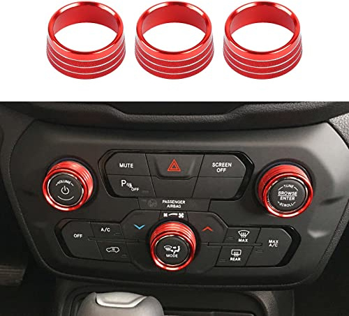 CheroCar AC Radio Knob Cover Air Conditioner Control Audio Volume Tune Switch Knob Button Cover Trim Ring Compatible with Jeep Renegade 2018 2019 2020 2021 2022 2023 (Red)
