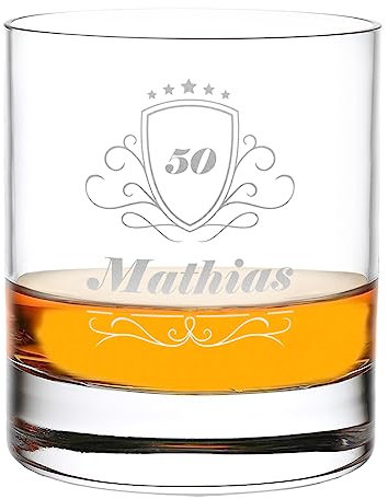 Whisky-Glas Tumbler 315 ml Volumen mit individueller Gravur - perfekt für zu Hause - als Bar-Deko geeignet - die Männer Geschenkidee - Geburtstagsgeschenk für Papa - Motiv-Gravur Jubiläum Wappen
