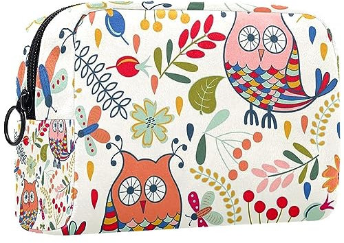 Kleine Schminktasche für Damen,Schminktasche, Reisekosmetiktasche,Wald Bunte Eulen Drucken