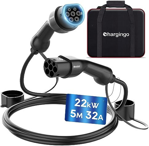 Chargingo Typ 2 Ladekabel 22kW 32A 3 Phasig, 5M Schnellladekabel Beidseitig Typ 2 für E Auto EV/PHEV, Mode 3 EV Ladekabel mit Tragetasche, IP65, Kompatibel mit Model S/3/X/Y