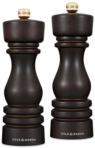 Cole & Mason London Salz und Pfeffermühle Holz 18 cm, Keramikmahlwerk | Pfeffer und Salzmühle Holz, Precision+, verstellbarer Mahlgrad, Gewürzmühle, Schokoladenfarbenes Buchenholz, Geschenkset