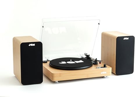 JAM Sound Stream Turntable, Portable Wireless Vinyl Record Player, Aux-In, 3 Speed RPM, Woodgrain + Bluetooth Bookshelf Speakers - Compact, 4 Driver, High Definition Amplifiers, Richer Bass (Wood)