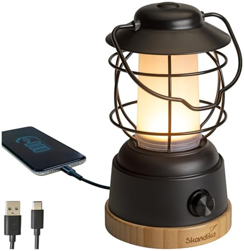 Skandika LED-Lampe Kiruna Jord | Retro Outdoor Campinglampe mit Powerbank, stufenlos dimmbar, kabellos, aufladbar, USB, warm- und kaltweiß, Stahlgestell, 200h Leuchtzeit | Tischlampe, Hängeleuchte