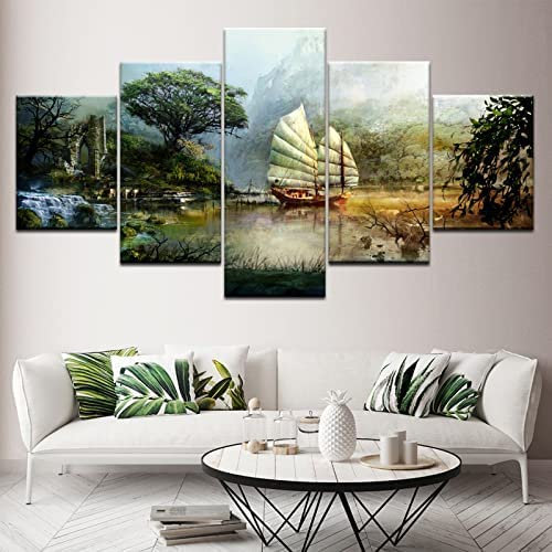 Bilder Leinwandbilder Landschaft Segeln Ölgemälde Vlies Leinwand 5 Teilig Wandbilder Kunstdrucke Wandbild Bild Auf Kunstdruck Wanddeko Wand Wohnzimmer Wanddekoration Deko Modern 200 X 100 C -4J5L/O1K3