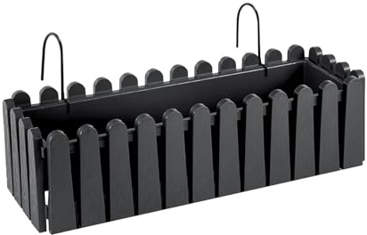 IlGruppone Fioriera Rettangolare con Sistema di Drenaggio Esterno Vaso Piante Fiori Conservazione Acqua Balconiera con Supporti da Ringhiera Appesa Inclusi Balcone Design Moderno - Nero - 53 cm 9Lt