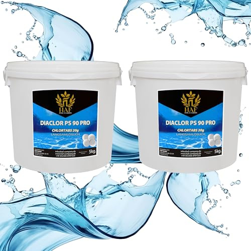 HAF® Langsamlösliche Chlortabletten 20g mit hohem Aktivchlor Gehalt | Chlortabs 20g, 10 kg | L-Tabletten für Desinfektion von Pool, Schwimmbad & Whirlpool - Qualität: Made in Europe - Menge: 2 x 5 kg