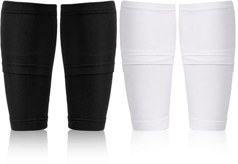 2 Paar Fußball Schienbeinschoner Socken, Atmungsaktiv Fußball Schienbeinschonerhalter Schutz Weich Wadenmanschette mit Taschen für Kinder Erwachsene Anfänger Laufen (Schwarz + Weiß)