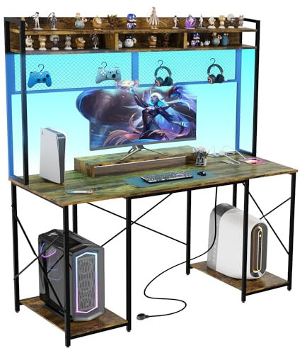 Devoko Gaming Tisch mit LED-Beleuchtung,120x60 cm DIY-Stecktafel Schreibtisch mit USB-Anschluss und Steckdose, Computertisch mit Regal & Monitorständer, Vintage-Braun