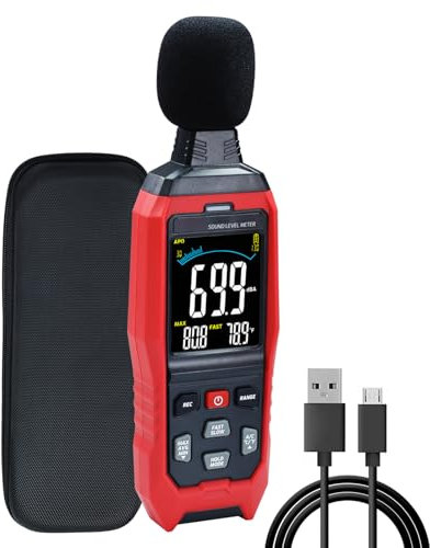 Sound Level Meter Data Logger Decibel Meter with Record Function, Portable Noise Meter 30~130dB Sound Meter A/C/Z Weighting Noise Testing with Audible Visual&Alarm, Temperatue, Analog Bar Indicator