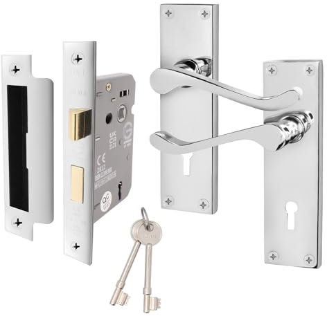 EAI Polished Chrome Victorian Scroll Door Handle Key Lock Set | 1 Pair of Internal Lever Handles on Backplate with Sash Lock (64mm) & Keys