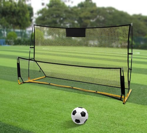 MEELRYD fotboll tränare målnät för träning, vikbar fotboll rebound dubbla nät bärbar sovvägg fotboll 120 x 85 cm för övningar och fotbollsskott (svart/gul)