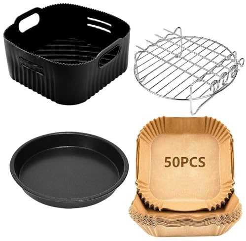 21CM Accessoires Air Fryer Compatible pour Philips Airfryer Série 2000 6.2L (NA230/00), COSORI 5,5L 4,7L, Cecotec 5,5L 6L, 4PCS Réutilisable Moule Silicone Air Fryer, Plateau à pizza, Grille, Papier | Accessoires réutilisables pour friteuse à air comprimé XL pour COSORI 5,5 L/4,7 L, Ninja 6,2 L AF180EU, Cecotec 6L