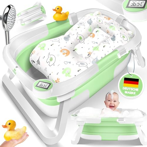 KIDIZ Vasca da bagno per bambini | Navicella salvaspazio e pieghevole | Piatto doccia per neonati da 0 a 24 mesi | Doccia da viaggio portatile per bambini | Bathtub ergonomico con termostato e cuscino