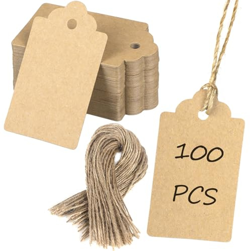 Uniclife 100 Pcs Kraft Paper Tags with String Writable Brown Price Tag with Jute Twine Hang Tags for DIY Crafts Clothing Christmas Wedding Birthday Blank Merchandise Marking Tag, 7 cm x 3.94 cm
