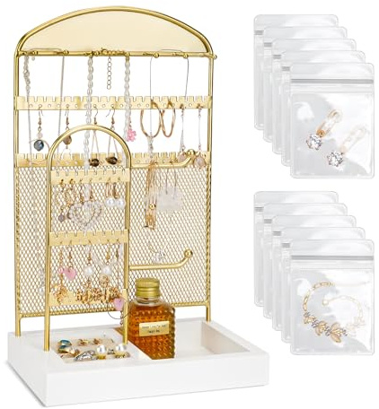 Smyckesvisningsställ, Halsbandsorganisator Örhängehållare med metallram och sammetsbricka, Smycketorn Displayställ Smycketräd för halsband Armband Ringar Klockor med 10 smycken Ziploc-påsar -G
