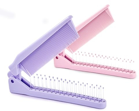Jurrissa 2 Pack Folding Hair Combs, Foldable Comb Brush Combo, Mini Protable Folding brush for Purse Bags Porket, Travel Size Hair Comb, Small Pocket Combs for Women and Girls(Pink&Purple)