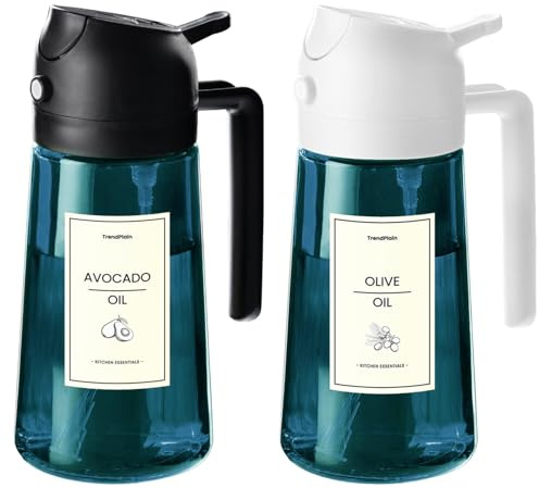 TrendPlain 16oz Ölsprüher für Speiseöl – 470ml Olivenöl Flasche – 2-in-1 Ölspender und Ölsprüher – Küchen Gadgets für Kochen, Salat und Grill (Schwarz & Weiß - 2)