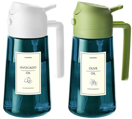 TrendPlain 16oz/470ml Blue Glass Olive Oil Sprayer for Cooking - 2 in 1 Olive Oil Dispenser for Kitchen Gadgets, Air Fryer, Salad, and BBQ - White & Green