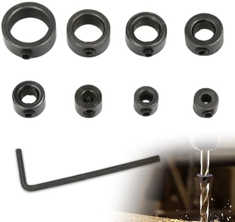 Debbery 8Pcs Step Drill Bit Depth Stop Collar Ring Positioner Locator, 3, 4, 5, 6, 8, 10, 12, 16mm, with Hex Wrench, Woodworking Positioning Depth Limiter, for Consistent Drilling