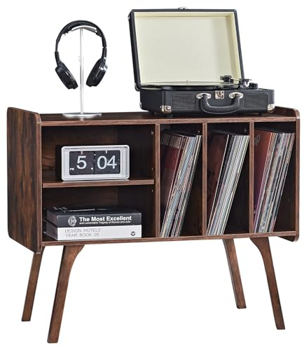LELELINKY Plattenspieler-Ständer mit 4 Fächern für bis zu 220 Schallplatten | NBraun, Mid-Century-Stil und Massivholzbeine für Plattenspieler, Lautsprecher und Zubehör im Wohn- oder Arbeitszimmer