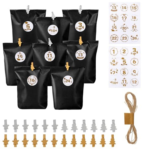Adventskalender zum Befüllen, 24 schwarze Geschenktüten Papiertüten mit 24 Nummernaufklebern und Holzklemme für DIY-Basteleien, Weihnachtskalender zum Basteln, Geschenke und Advent.