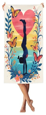 Asciugamano da bagno sottile, assorbente, ad asciugatura rapida, anti-sabbia, per piscina, viaggi, bagno, sport, yoga, palestra, per adulti, 27 x 55 pollici, con arcobaleno e cuore di ginnastica.