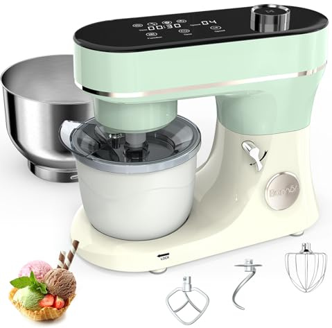 Bonnor Stand Mixer Set, 6QT Kitchen Mixer with LED Touchscreen, 11-Speed Tilt-Head Mixer with Timer, 4 Preset Menus, Stainless Steel Bowl, Dough Hook, Whisk, Beater,Plus 2QT Ice Cream Maker Attachment