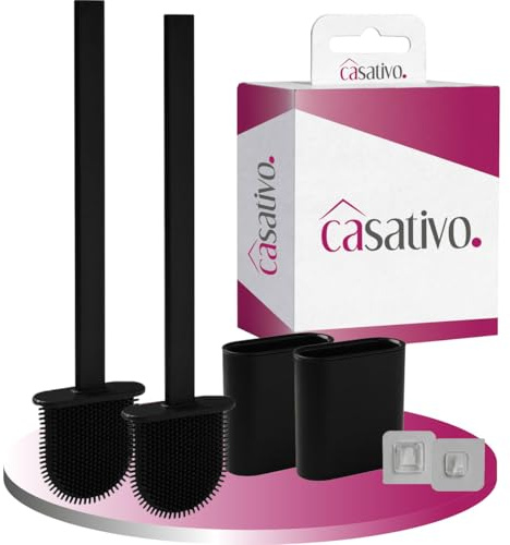 Casativo 2er-Set WC-Bürste mit Silikonborsten, 2 Toilettenbürsten inkl. Bürstenhalter, schwarz, schnell trocknend, die effizientere Art der Toiletten Hygiene - auch zur Wandmontage