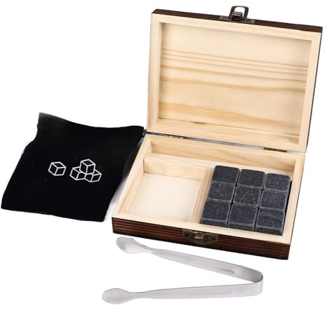 Ensemble de Pierres de Whisky, 9pcs réutilisables en Granit glay Gite Artisan Artisan Boisson fraîche Pierres de Refroidissement avec Sac de boîte de Rangement et Serrage pour Les