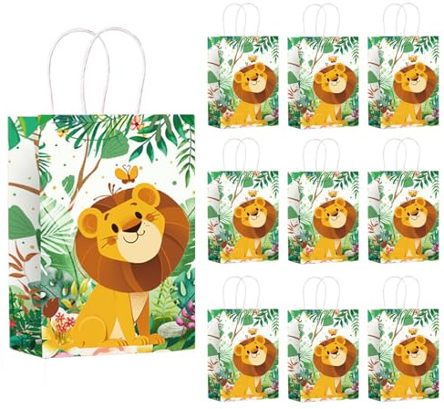 Auriselle 10 Stück 15 * 21 * 8cm Löwen Geburtstagstüten Kinder Dschungel Kraftpapier Partytüten Mitgebsel Süßigkeiten Party Tüten Henkel Kindergeburtstag Goodie Geschenktüten Kindertag Geschenk, Grün