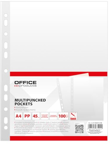 OFFICE PRODUCTS Prospekthüllen / 100 Stück/Din A4/ Glasklar Oben Offen Klarsichthüllen Sicht-Hüllen Gelochte Plastikhülle für Dokumente Papiere Akten Ordner/PP/Transparent 45 Mikron Dokumentenhülle