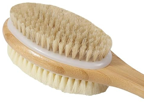 Premium Bamboo Bath Body Brush with Two Sided Natural Bristles – Long Handle Back Scrubber for Shower & Dry Brushing, Exfoliating & Massage