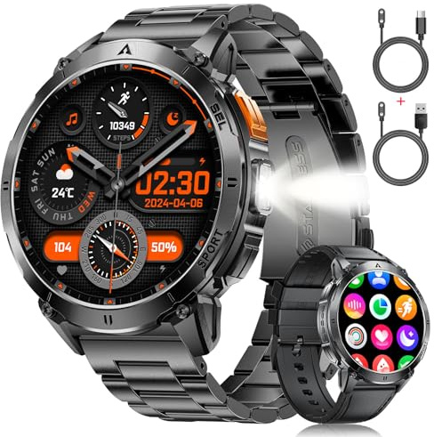 LIGE Militär Smartwatch Herren mit LED-Licht,1,62 HD Smartwatch mit Telefonfunktion,Fitnessuhr,Uhr mit 110+ Sportmodi,Herz-/Schlaftracking, sportuhr für iOS/Android, Matt Schwarz
