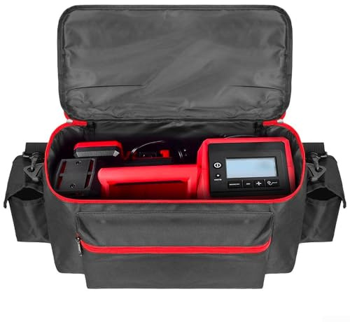 Air Compressor Carrying Case Portable Oxford Fabric Tire Inflator Storage Bag With Multiple Pockets, Soft Protective Lining, 360 Degree Zipper, Handle Detachable Shoulder Strap For Travel Or Garage