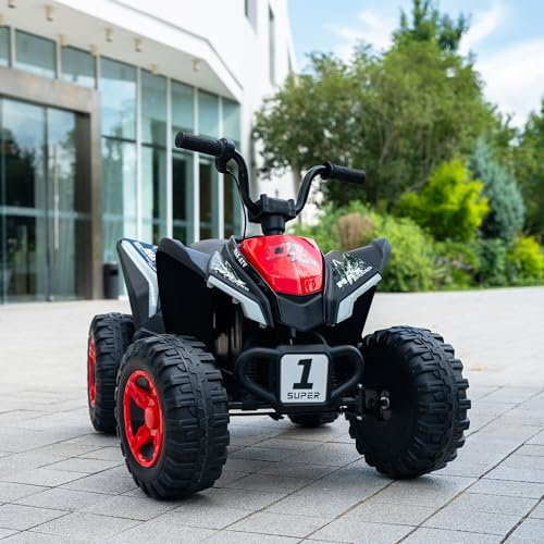 24V Kids Ride-On ATV Quad, Electric 4-Wheeler with Forward & Reverse, Spring Suspension, LED Lights, Music, Power Display, Adjustable Speeds, Outdoor Fun Gift, Red