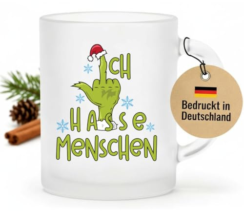 LIEBTASTISCH - Ich hasse Menschen -Grinch - Glühweintasse mit Spruch - zum Wichteln - lustiger, witzig - Geschenk für Freunde