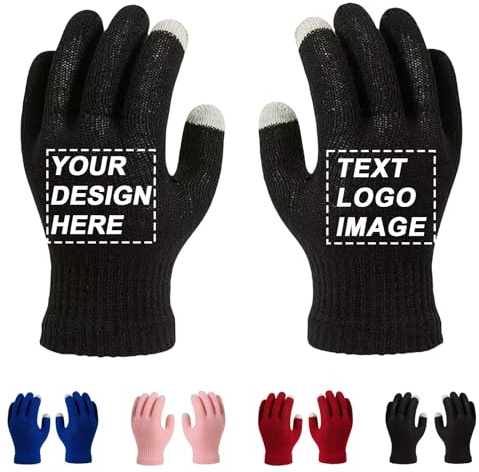 Personalised Touchscreen Gloves - Custom Text/Image/Logo Winter Warm Knitted Gloves For Boys Girls Teens Adults, Outdoor Sports Ski Cycling Cold Weather (Black)