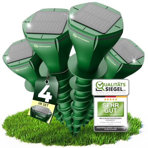 HEIMWERT Maulwurf Vertreiber Wühlmausschreck - SCHNELLE Ergebnisse mit KI Wechselfrequenz Automatik - Solar Abwehr wasserdicht und flüsterleise - auch gegen Wühlmäuse (4er Pack)