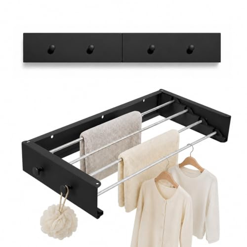 Wäscheständer Wandmontage, mit Upgrade-Haken, Einfache Wäscheständer Wand, Faltbar Wand Wäschetrockner für Innen oder Außen, Wandwäschetrockner Ausziehbar für Balkon (60cm mit 4 Haken, Schwarz)
