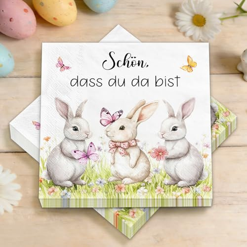40 Stück Osterservietten, Aquarellkaninchen Servietten Ostern Frühling, Tischdeko Oster Servietten Partyzubehör - Schön, Dass Du da Bist（33 x 33 cm）