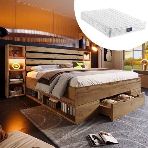 DUlVBPE Doppelbett Massivholzbett 160×200, Stauraumbett Bettanlage mit LED-Beleuchtung und USB C Stauraum-Kopfteil und Schubladen, Bettgestell Lattenrost aus Holz, Eiche(Mit Matratze)