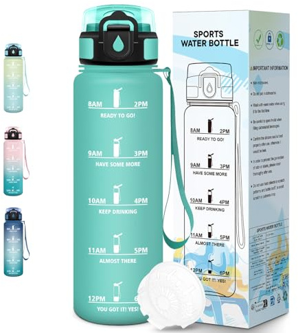 Baramumu Gourde, 1000ML Sans BPA, Gourde Plastique, Conception de Verrouillage Anti-Fuite, Bouteille, Avec Horodatage, Bouteille Eau pour Yoga, Sports, Camping - Bleu&vert